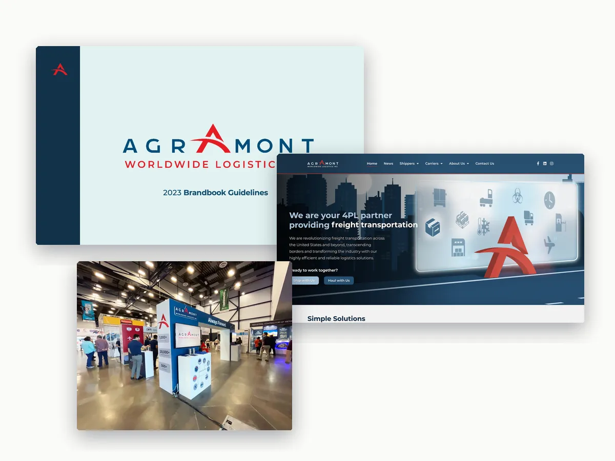 Agramont brand book cover, website, and trade show booth