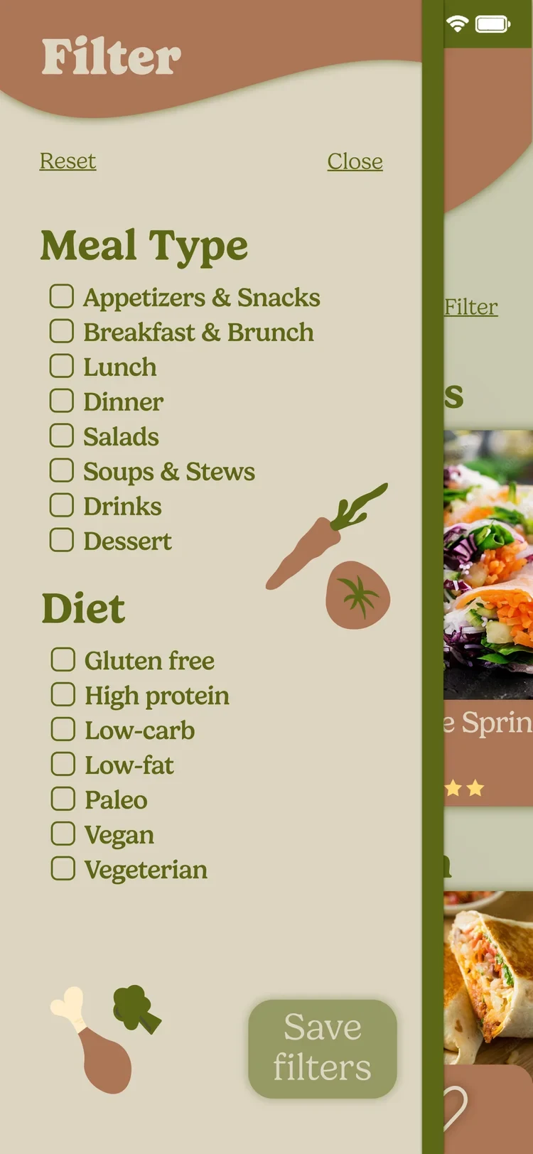 Filter by meal type and diet