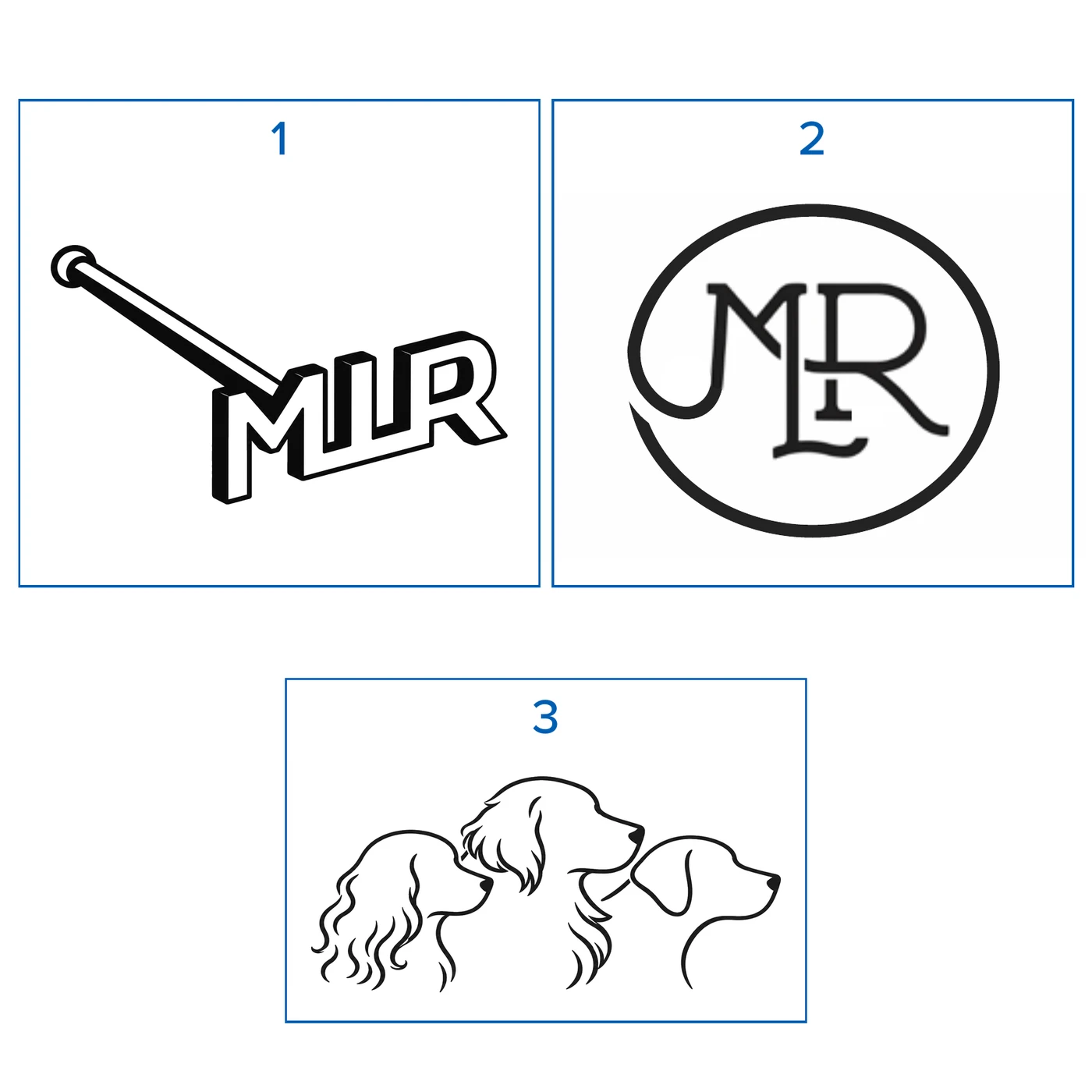 The three first-round concepts: a branding iron, a monogram in an oval, and the ranch’s three dogs